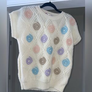 Vintage CHAUS Textured Knit Sweater Tee Small Pastel Embroidered